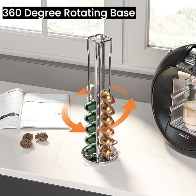 Coffee Pods Organizer Stand, 360° Rotating Metal Holder for 40pcs Nespresso OriginalLine Capsules, Capsule Rack, Compact & Sturdy Capsules Storage Holder for Kitchen Countertop