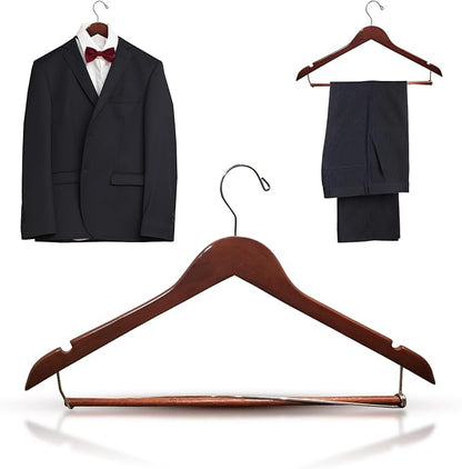 DEILSY™ Suit Hangers for Men with Open Bar 10 Pack Premium Brown Wooden Coat Hangers Pants Durable Suit for Closet Organization - Jacket Hanger Wood Clothes (10)