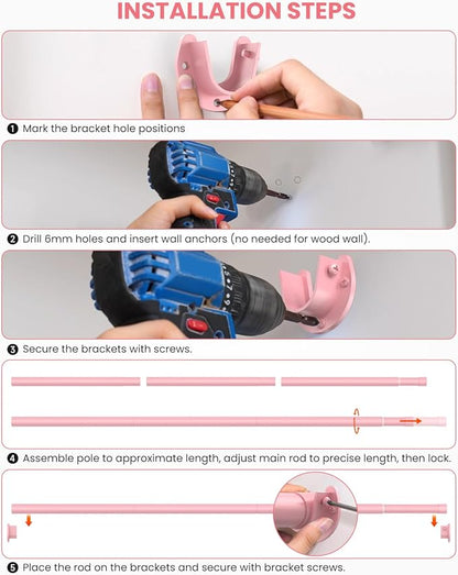Closet Rods for Hanging Clothes, 17 to 69 Inches Stepless Adjustable Metal Closet Rod, 1.3 Inches Heavy Duty Clothes Hanging Rod for Closet Wardrobes Laundry RV, Pink