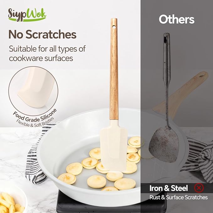 5 Pcs Silicone Spatula Set,Food Grade Silicone Spatula Nonstick Rubber Spatulas with Wooden Ergonomic Grip,Spoonula,Jar Scraper for Cooking,Baking,Mixing,Frosting-Heat Resistant Up to 428°F(Off White)