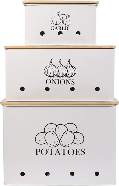 Kitchen Vegetable Storage Tins Set of 3 for Potato Onion & Garlic with Wooden Lid and Aerating Holes, Kitchen Storage Canisters Set, Vintage Kitchen Decor - White