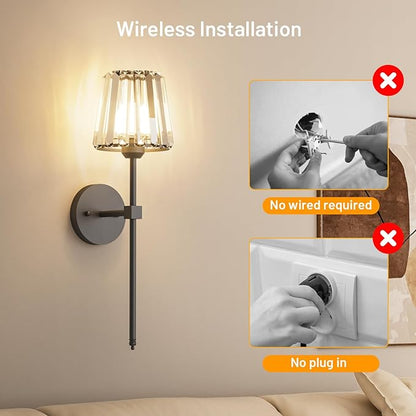Crystal Battery Operated Wall Sconces Set of 2, Black Rechargeable Wireless Wall Sconce Lights with Crystal Lampshade, 12 RGB and 3CCT Dimmable Wall Lamps with Remote for Bedroom Living Room Hallway