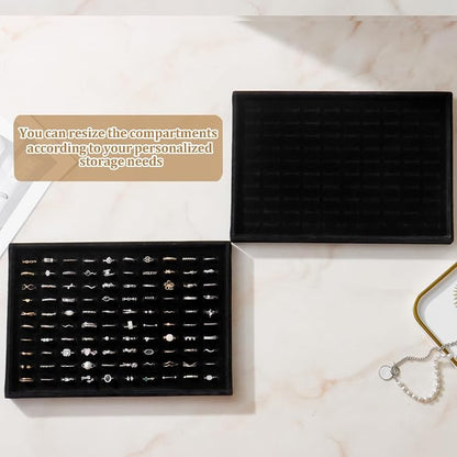 Large Velvet Jewelry Tray 2 Pack Stackable Jewelry Display Drawer Inserts Trays Organizer for Earring Bracelet Necklace Ring (Black, Ring 81 Slots)