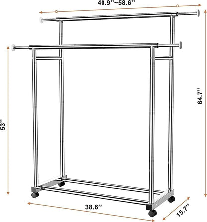 Clothes Rack for Hanging Clothes, Stainless Steels Coat Rack with Wheels, Clothing Rack, Garment Rack, Portable Closet, Portable Closet, Adjustable Length