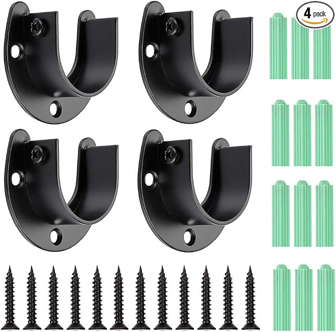 OwnMy 4 Packs Closet Rod End Supports Brackets 1-1/2" Diameter, U Shaped Stainless Steel Closet Pole Sockets Flange Rod Holder for Closet Wardrobe Shower Curtain (Black)