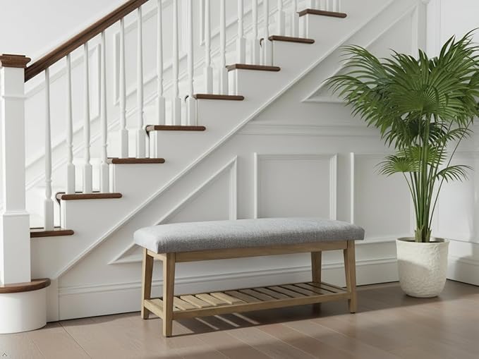 Entryway Bench, Chenille Upholstered Shoe Benches for Bedroom, Ottoman Benches with Solid Wood Shelf, Storage Bench for Hallway, Living Room(Grey)