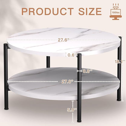 Round Coffee Table, 27.6" Circle Coffee Table for Living Room, 2-Tier Wood Accent Center Table with Open Storage Industrial Design Home Furniture, White