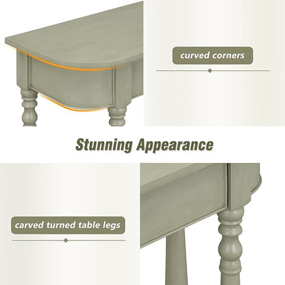 HMFULE Retro Curved Console Table, 36" Solid Wood Half Moon Console Table Sofa Table Entryway Table with 1 Drawer 1 Open Shelf Roman Legs Curved Corners for Living Room,Entryway,Hallway,Gray