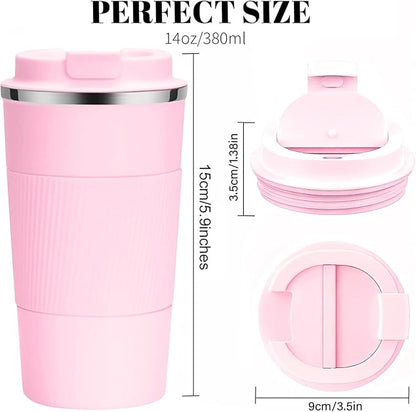 YINBAOGE Insulated Travel Coffee Mug, Spill & Leak Proof, Portable To Go Camping Stainless Steel Coffee Tumbler, Reusable Thermal Coffee Cup with Lid for Hot & Cold Drinks (Pink, 12 OZ)