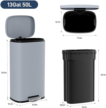 Arlopu 8/13.2 Gallon Step Trash Can, Stainless Steel Garbage Bin, Soft-Close Rubbish Bin with Removable Plastic Inner Bucket, Fingerprint-Proof, Lid Dustbin, Suit for Kitchen Home (Haze Blue, 50L)