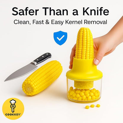 Corn Stripper & Peeler Tool with Built-In Bowl – Safe Non-Slip Handle, Fast Corn Kernel Cutter & Cob Remover, Multi-Purpose Grater for Corn, Ginger & Vegetables (Yellow) - COOKKEY