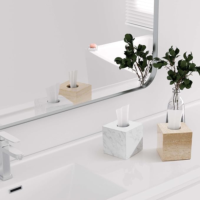 N NANSHOP Natural Travertine Marble Tissue Box Holder Cover, Square Cube Tissue Box Holder with Open Bottom for Bathroom Vanity Tops, Bedroom Dressers, Kitchen Countertop, Travertine Beige(NS022)