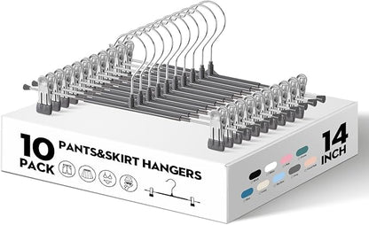 10PACK 14Inch Pants Hangers with Clips Adjustable Skirt Hangers for Women Metal Non-Slip Trousers Hanger Heavy Duty Space Saving Clothes Hanger for Shorts,Jeans,Gray