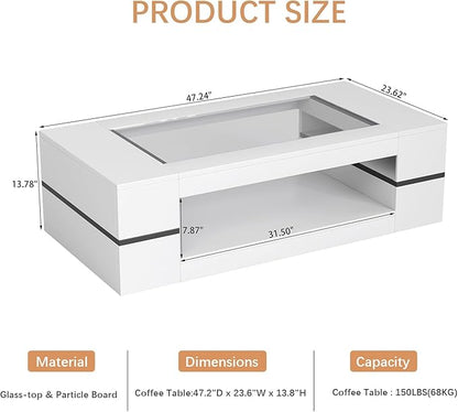 HedoAjim 47.2" Modern Stylish Coffee Table with Glass Table Top, Large Living Room Table Rectangular 2-Tier Center Tables with Storage, Wooden Tea Tables for Dining Reception Room, White