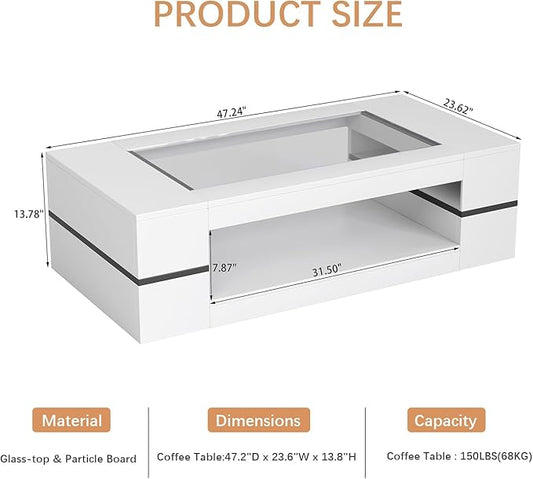 HedoAjim 47.2" Modern Stylish Coffee Table with Glass Table Top, Large Living Room Table Rectangular 2-Tier Center Tables with Storage, Wooden Tea Tables for Dining Reception Room, White