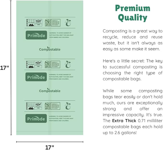 Compost Bags, Compostable Trash Bags 3 Gallon Compostable Bags 300 Count Small Compost Bags for Countertop bin Extra Thick 0.71 Mil. ASTM D6400 Certified By BPI and TÜV AUSTRIA (3 Gallon, 300 Units)