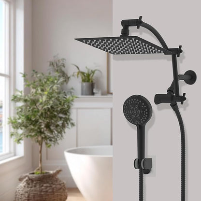 Hibbent All Metal cUPC Certified Shower Head, 8'' High Pressure Rain Shower Head, Handheld Showerhead Combo with 16'' Adjustable Extension Arm, 10 Sprays, 71'' Hose, Showerhead Holder, Matte Black