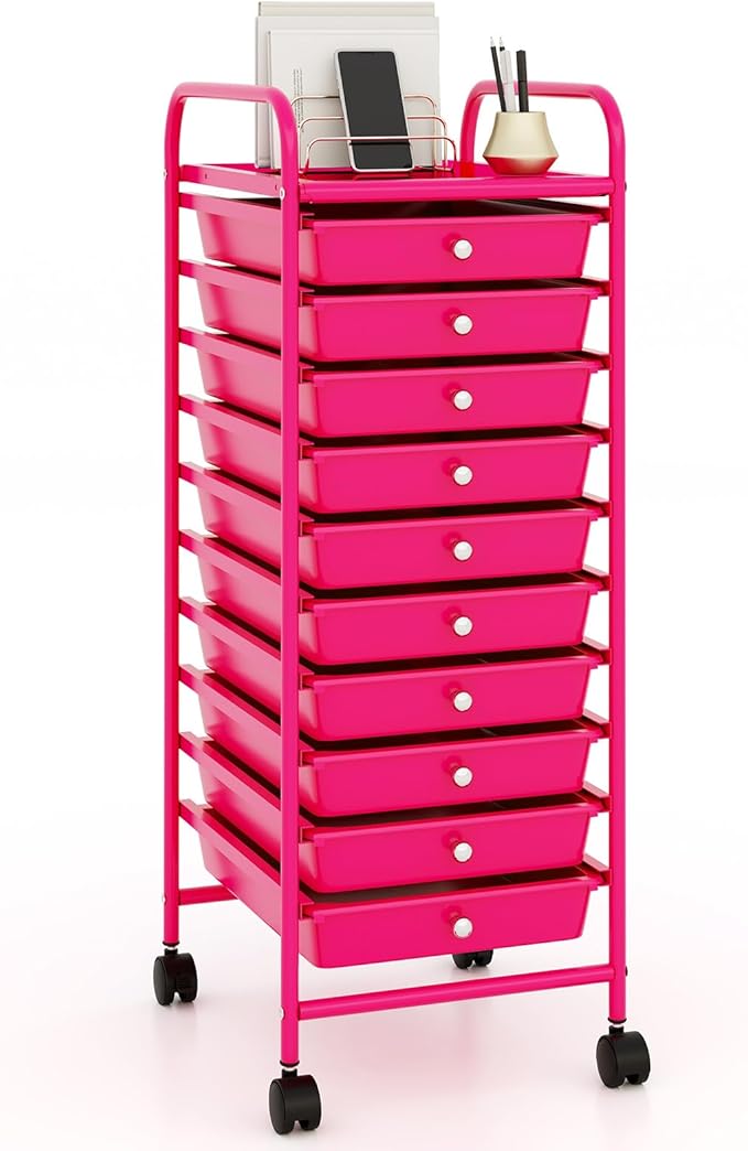 RELAX4LIFE 10 Drawer Rolling Cart - Slim Storage Cart w/Lockable Wheels for Classroom School Teacher Office, Art Supplies Paper Scrapbook Craft Organizers, Utility Cart with Drawers (Pink)