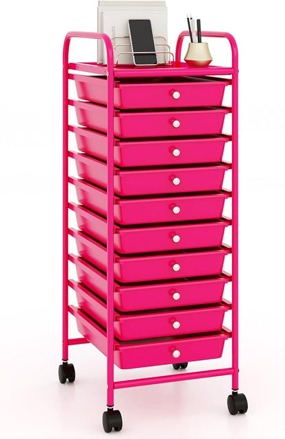 RELAX4LIFE 10 Drawer Rolling Cart - Slim Storage Cart w/Lockable Wheels for Classroom School Teacher Office, Art Supplies Paper Scrapbook Craft Organizers, Utility Cart with Drawers (Pink)