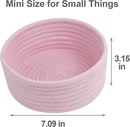 Small Storage Basket, Set of 3 Woven Baskets, Cotton Rope Small Baskets for Organizing, Cute Mini Tiny Round Basket, Bathroom Organization Bin (Pink)