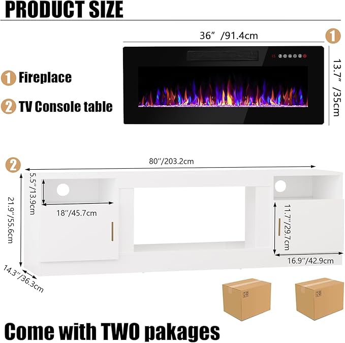 VITESSE TV Stand Fireplace with 36" inch Electric Fireplace Up to 90" TVs, LED Light Entertainment Center, 80" Modern Wood High Gloss with Highlight Storage Cabinet for Living Room (White)