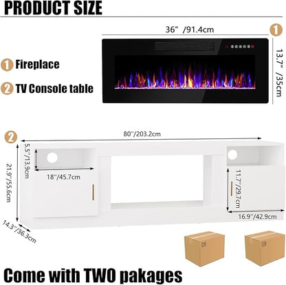 VITESSE TV Stand Fireplace with 36" inch Electric Fireplace Up to 90" TVs, LED Light Entertainment Center, 80" Modern Wood High Gloss with Highlight Storage Cabinet for Living Room (White)