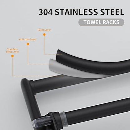 BESy 24 Inch Matte Black Towel Racks, Bathroom Towel Shelf with Foldable Towel Bar Holder and Towel Hooks, Wall Mounted Multifunctional Bathroom Accessories, Double Towel Bars