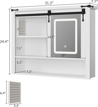 QUW 31" Farmhouse Bathroom Wall Cabinet, Bathroom Medicine Cabinets with Mirror, Over Toilet Wall Storage Cabinet, 3 Lighting Modes, Adjustable Brightness, Jewelry Holder, Sliding Door, White