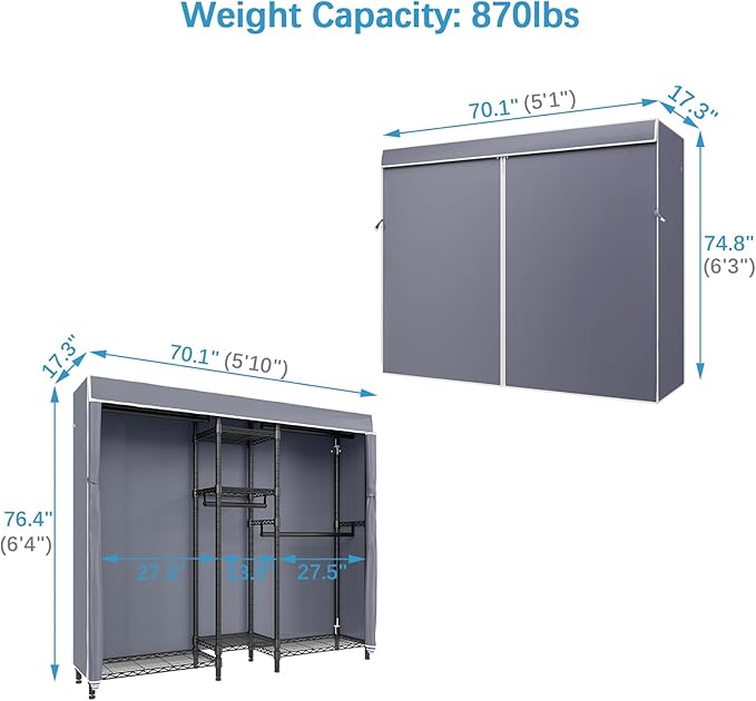 VIPEK Classic V6C Heavy Duty Covered Clothes Rack Portable Wardrobe Closet, 5 Tiers Wire Garment Rack Black Metal Clothing Rack with Grey Oxford Cover, 70.1" L x 17.3" W x 76.4" H, Max Load 870 LBS