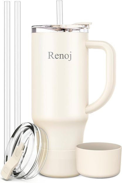 Renoj Tumbler with Handle 100% Leak Proof Insulated Water Bottle for Iced Coffee & Hot Drinks - Fits Car Cup Holder, Ideal Gift, 2 Straws & Silicone Boot BPA-Free - SnapShift White 40 oz