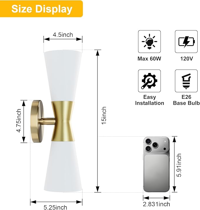 Wall Sconces Set of 2 for Bathroom, Modern Indoor Vanity Light Fixtures 15", Up Down Lighting, Wall Mount Lamp for Living Room Bedroom Hallway Stairway Fireplace Mirror E26 Base 2PC White&Gold