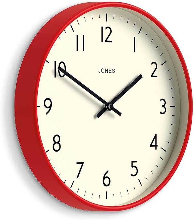 JONES CLOCKS® Studio wall Clock | Modern Round Style | 12 inch | Red | Easy to Read Numbers | Versatile Design for Kitchen, Living Room or Office