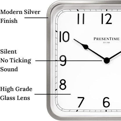 Presentime & Co 16" Anton Vintage Square Clock, Silent No Ticking, Wall & Mantel 2 in 1 Clock, Desk and Shelf Clock, Tabletop Décor, Modern Silver Color