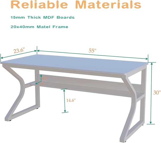 Extra Long Desk with Bookshelf - 55" Double Long Writing Table for 2-Person Workstation, Modern Study Work Computer Desk for Home and Office, Warm White