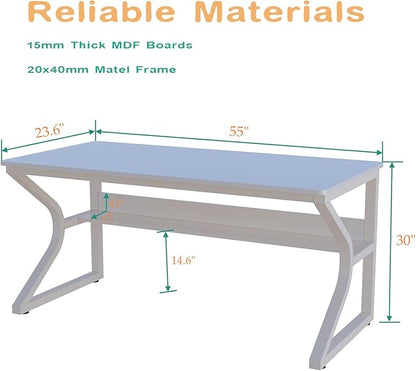 Extra Long Desk with Bookshelf - 55" Double Long Writing Table for 2-Person Workstation, Modern Study Work Computer Desk for Home and Office, Warm White