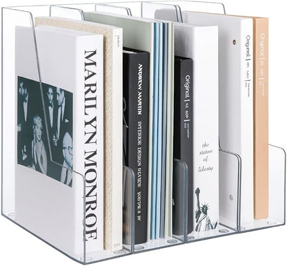LALOBLUE Vertical Magazine File Holder, Clear, 4 Pack | Plastic, Holds Magazines, Binders, Notebooks, Envelopes, Desk Organizer and Storage Bins
