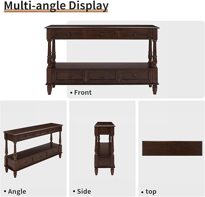 LKTART 54'' Solid Wood Console Table, Farmhouse Entryway Table with 6 Drawers and Shelf, Narrow Long Sofa Table with Storage for Living Room Hallway, Couch, Foyer (Espresso)
