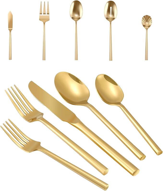 Kelenfer Silverware 45-Piece Gold Flatware Set with Serving Utensils Stainless Steel Thick Heavy Mirror Polished Cutlery Set for Wedding Hotel Restaurant, Service for 8