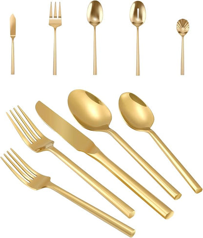 Kelenfer Silverware 45-Piece Gold Flatware Set with Serving Utensils Stainless Steel Thick Heavy Mirror Polished Cutlery Set for Wedding Hotel Restaurant, Service for 8