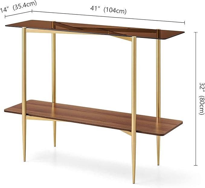 Rectangle Glass Console Table, Mid-Century Modern Design, L41*W14*H32 inch, for Living Room, Amber Glass Top and Walnut Finish Wood Shelf, Conical Metal Legs with Gold Finish