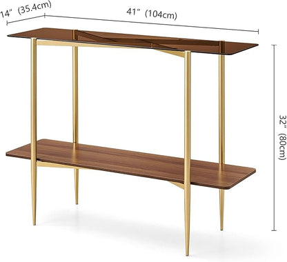 Rectangle Glass Console Table, Mid-Century Modern Design, L41*W14*H32 inch, for Living Room, Amber Glass Top and Walnut Finish Wood Shelf, Conical Metal Legs with Gold Finish