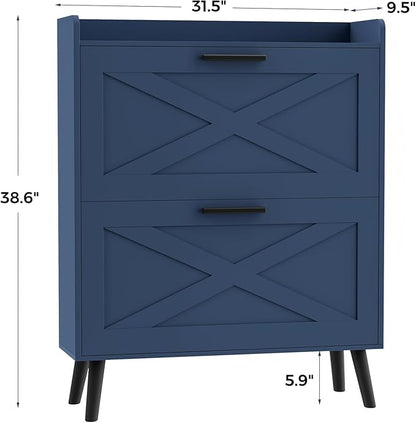 Homleke 32" W Farmhouse Shoe Storage Cabinet with 2 Flip Drawers and Barn Door Design, Adjustable Shelves, Modern Hidden Slim Narrow Shoe Rack Cabinet for Entryway, Foyer, Hallway, Living Room, Blue