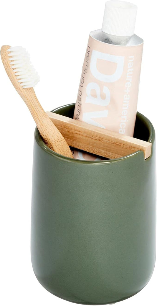 iDesign Ceramic Earth Collection Toothbrush Holder with Paulownia Wood Divider, Moss/Natural Wood