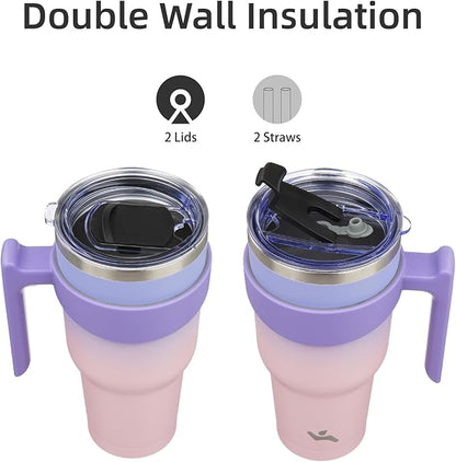 30 oz Tumbler with Handle and 2 Straw 2 Lid, Insulated Water Bottle Stainless Steel Vacuum Cup Reusable Travel Mug,Pastel Sunset