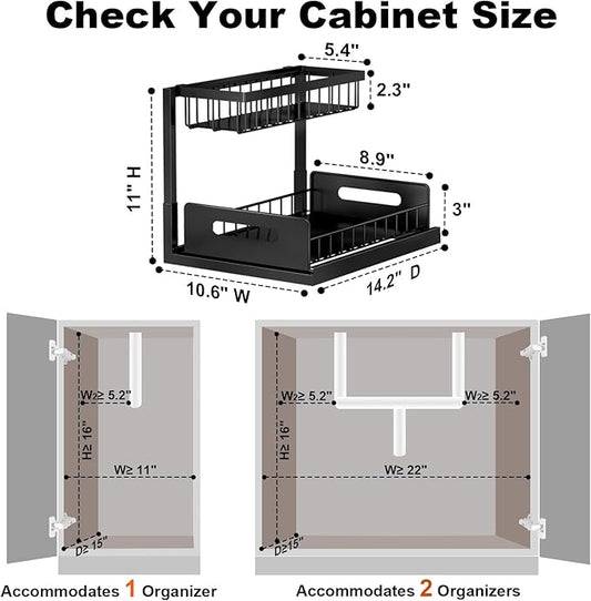 REALINN Under Sink Organizer, L-Shaped 2 Tier Pull Out Cabinet Organizer for Kitchen and Bathroom, Slide Out Under Cabinet Storage, Metal Under Sink Storage with Sliding Drawer, 50 lbs, Black 2 Pack