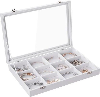 Frebeauty Velvet Jewelry Tray,12 Grid Jewelry Organizer with Clear Lid,Bracelets Holder,Jewelry Display Case with Clasp,Drawer Insert Bangle Brooch,13.8 x 9.5 x 2 Inches,Gift for Women Girls(White)