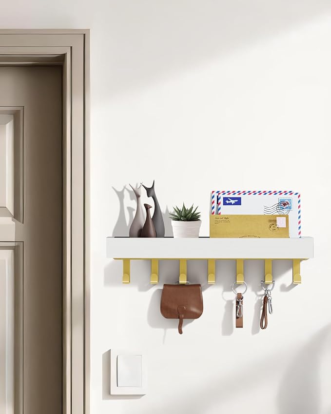 Key Holder Wall Mount Adhesive Magnetic - Hanging Key Hooks with Mail Organizer Tray for Wallet House - Keys Hanger Rack with Shelf for Camper Entryway Door Home Living Room Decor Large Gold White