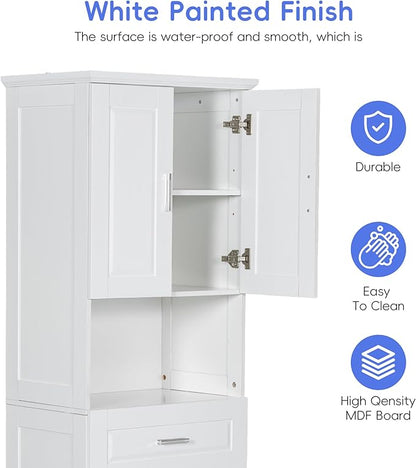 70" Tall Bathroom Storage Cabinet with Two Doors and Drawer, Open Space and Laundry Hampers for Home Display Organizer, Removable Laundry Basket, Adjustable Shelf, White