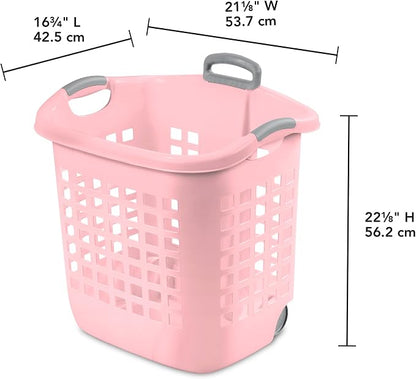 Sterilite 4 Pack Ultra Wheeled Laundry Basket, Plastic Clothes Hamper Bin with Wheels and Retractable Handle, 1.7 Bushel Capacity, Pink Frost