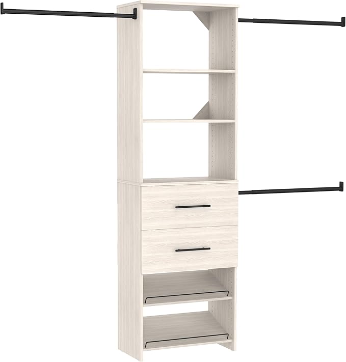 ClosetMaid SuiteSymphony 25-Inch Closet System Tower with (3) Hang Rods, (2) Drawers, and (2) Angled Shoe Shelves, White Timber